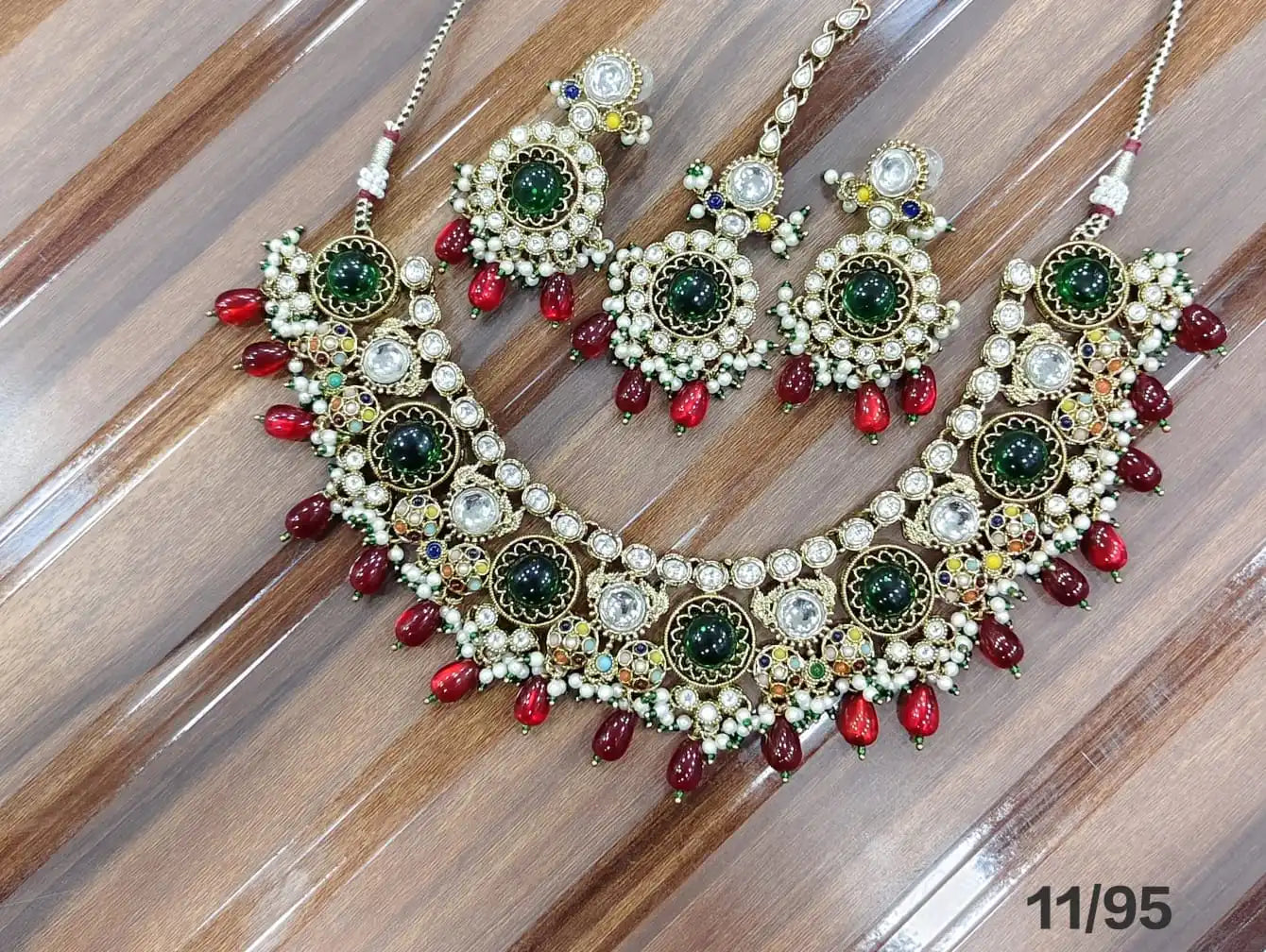 Luxury Antique Gold Plated Kundan Necklace Set with Ruby Mint Green Beads, Earrings, Maang Tikka Bridal Wedding Jewelry Set