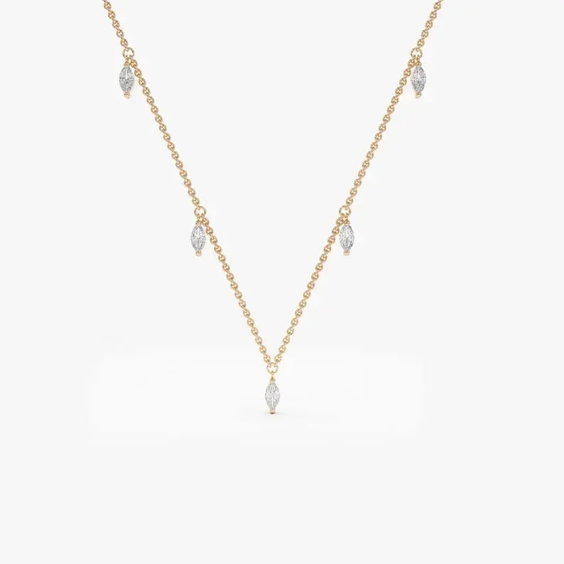 9K Solid Gold Brilliant Cut Natural Dangling Diamond Dainty Bridal Engagement Necklace 5 Stones 0.36 Cts Unisex Multi Diamond