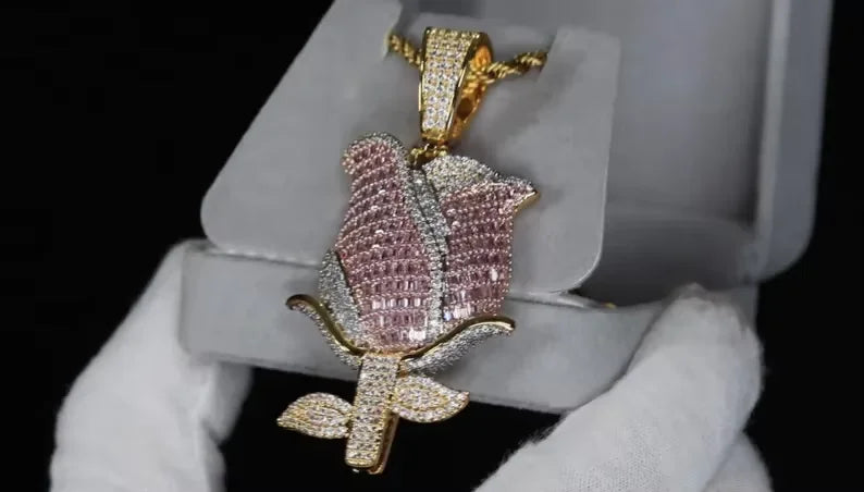 BiG-BOSS Iced Out Rose Flower Men's Hip Hop Pendant with Freshwater Pearl Pink White Moissanite Stones Silver Plated Luxury Party Jewelry