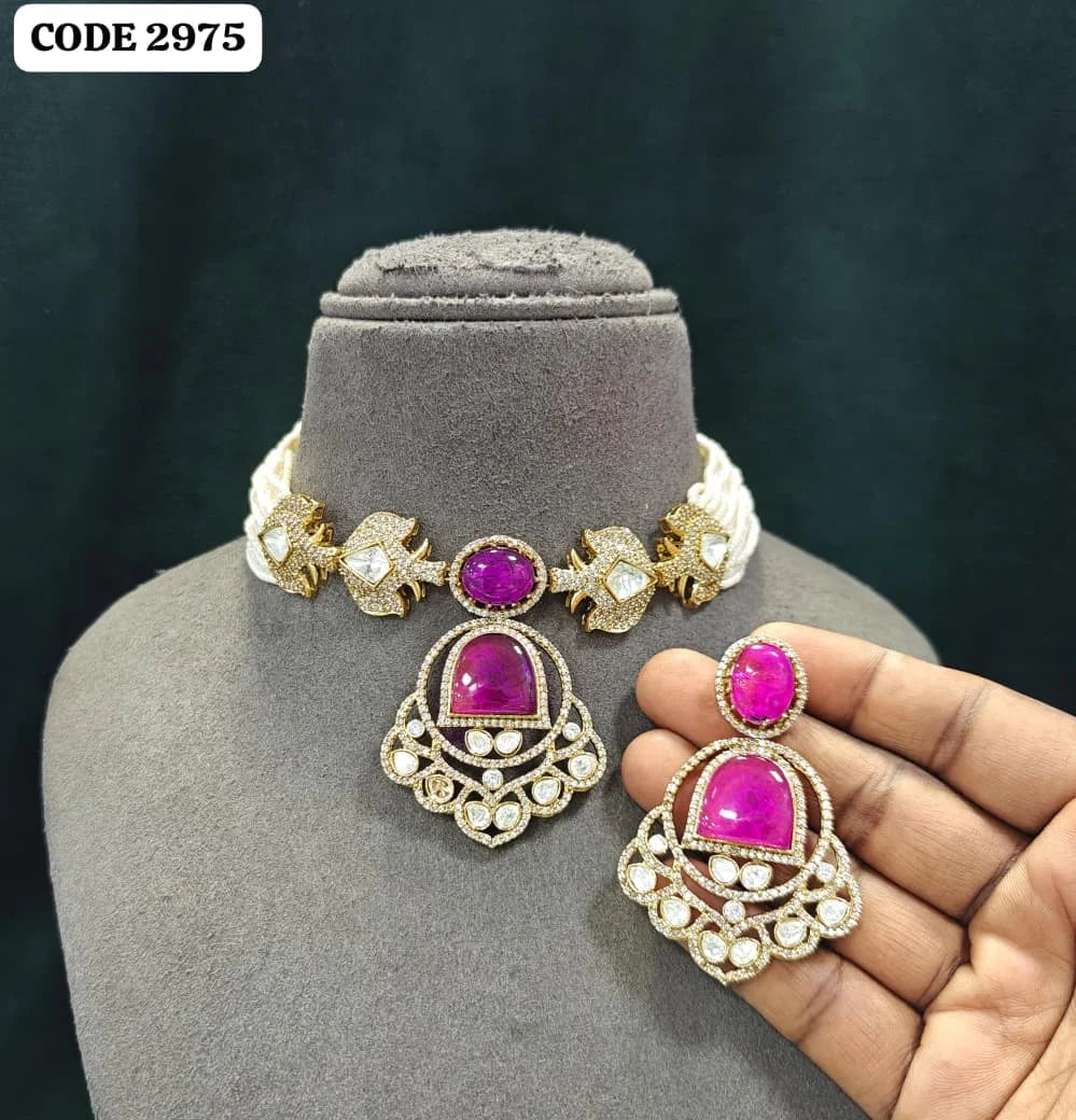 Luxury Ruby Pink Kundan Choker Necklace Set Gold Plated Brass Wedding Party Wear Bridal Jewelry for Women Collection Product Na