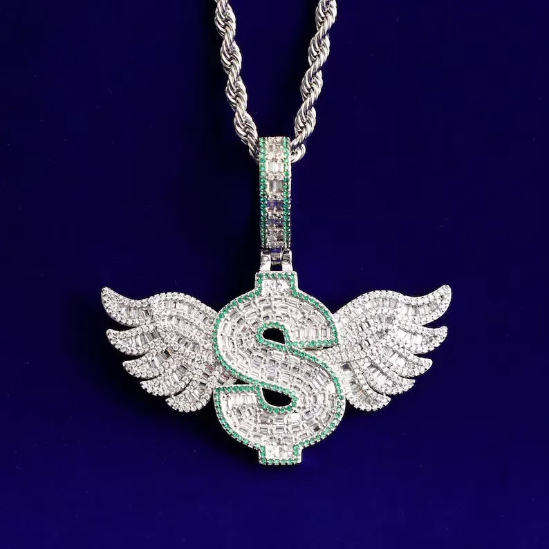 BiG-BOSS Iced Out Dollar Sign Wing Pendant Silver Plated Moissanite Hip Hop Jewelry for Men and Women Party Occasion