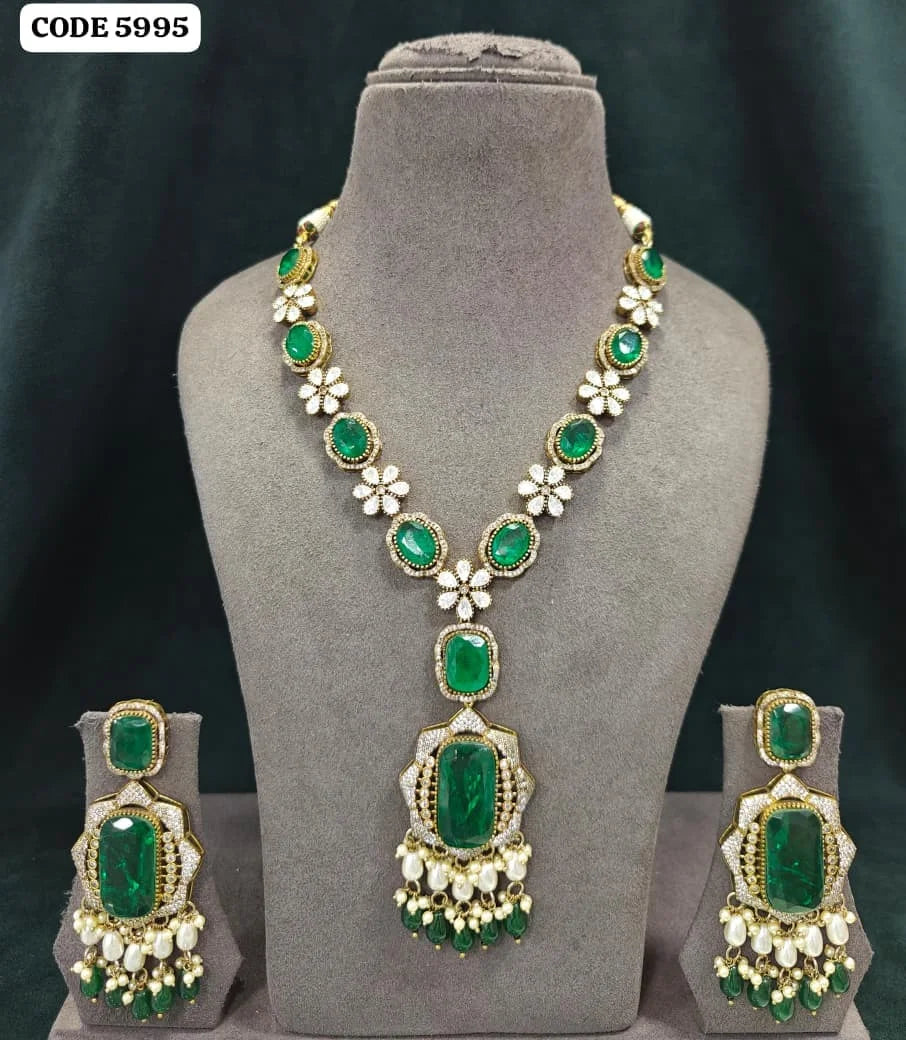 Luxury Green Emerald Stone Floral CZ Gold Plated Necklace Set with Long Pendant Earrings Pearl Drops Bridal Wedding Jewelry Set