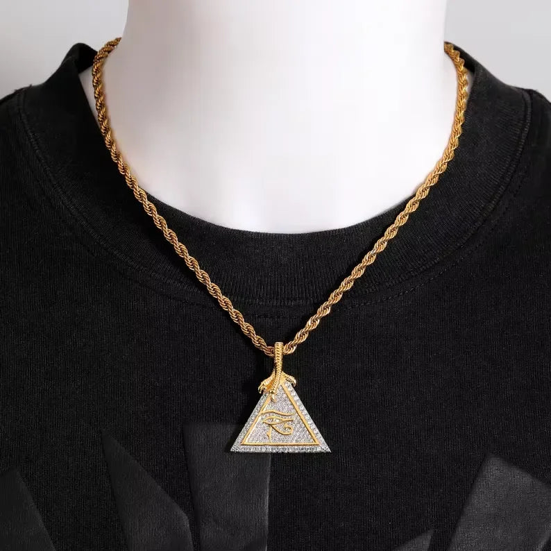BiG-BOSS Iced Out Eye of Horus Pyramid Pendant with Moissanite and Bezel Setting in Sterling Silver Hip Hop Jewelry for Men and Women