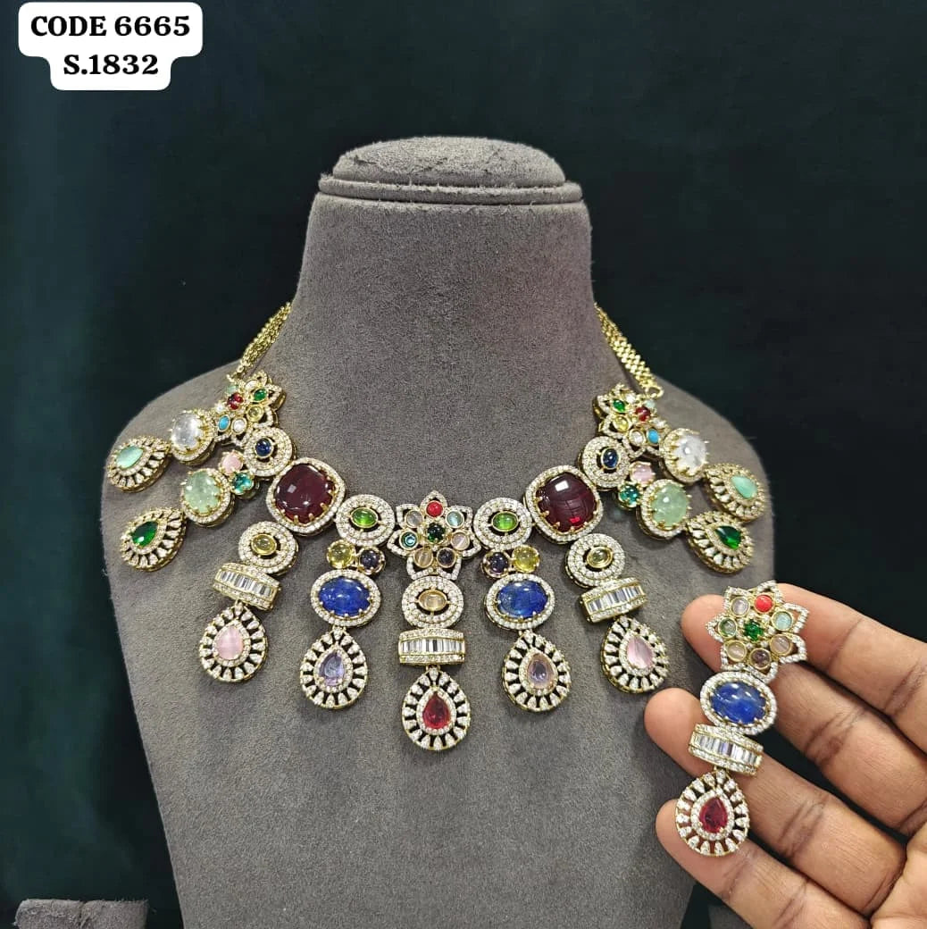 Luxury Multi Gemstone Statement Choker Necklace Set Elegant Vintage Pear Cut Gold Plated Bridal Wedding Jewelry Set For Women