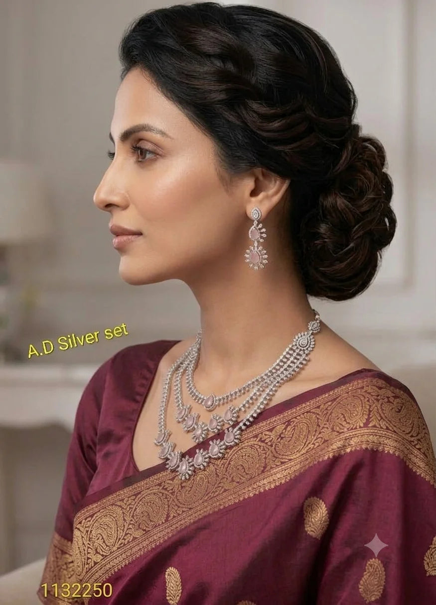 Luxury Layered AD Silver Pink Necklace Set Premium Bridal Wedding Party Wear Jewelry with Matching Earrings for Women