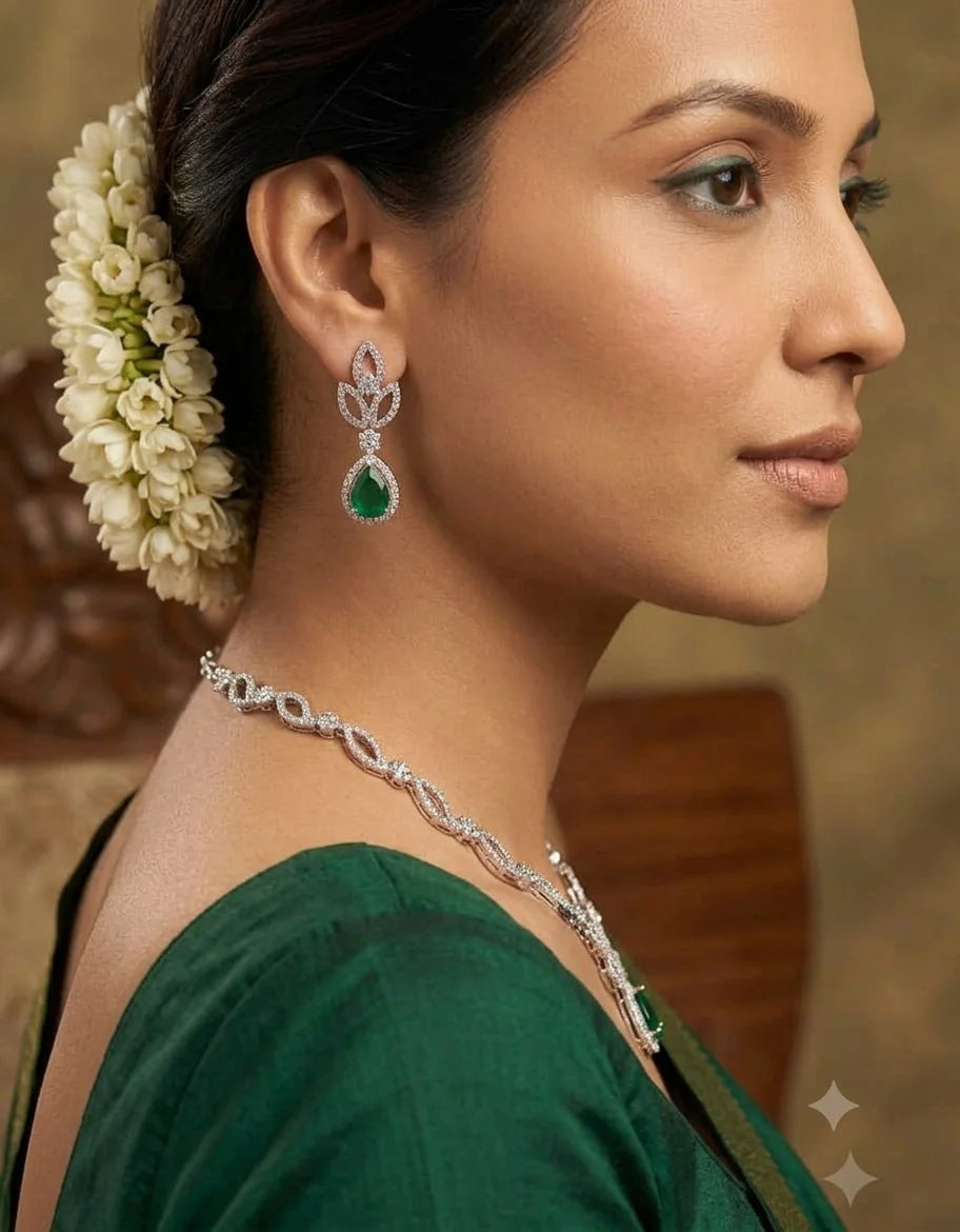 Luxury AD Silver Bridal Necklace Set with Emerald Pear Stone, Premium Wedding Party Wear Jewelry with Matching Earrings Set