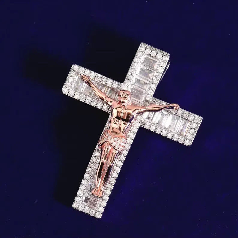 BiG-BOSS Iced Out Cross Pendant for Men with Sterling Silver Jesus Figure Freshwater Pearl Moissanite Luxury Hip Hop Jewelry Style Party