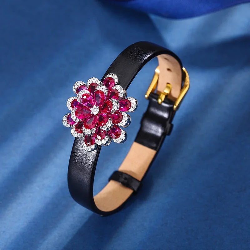 Gemfiori New Luxury Double Layer Flower Design Jewelry Set Pink Ruby Lab Diamond Pendant Necklace Earrings Ring Leather Bracelet 4 Pieces