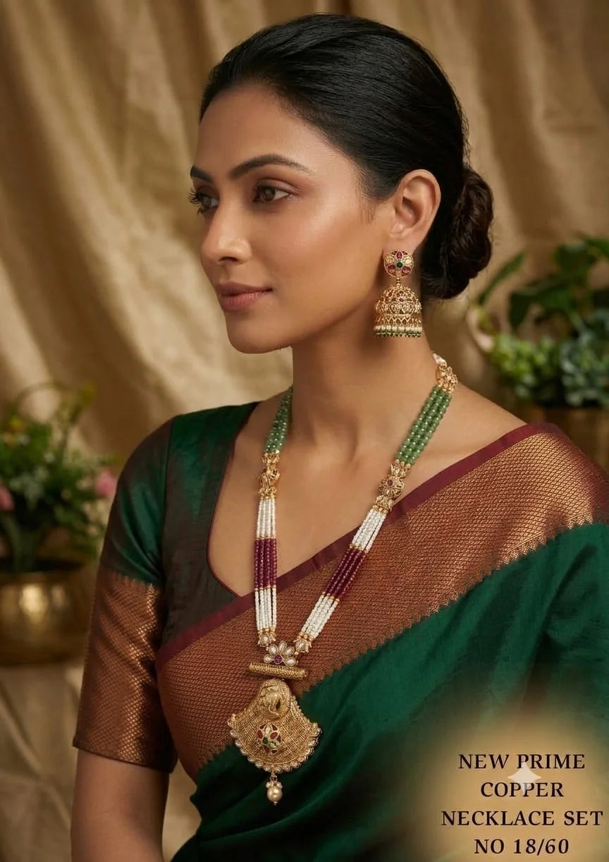 Premium Copper Temple Long Necklace Set with Beads Pendant Earrings Traditional Bridal Ethnic Jewelry for Women Gift
