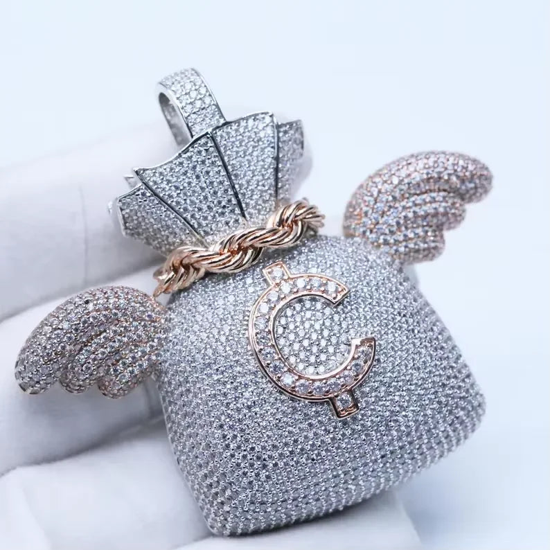 BiG-BOSS Iced Out Moissanite Money Bag Wing Pendant Silver and Rose Gold Tone Hip Hop Jewelry for Men and Women Party