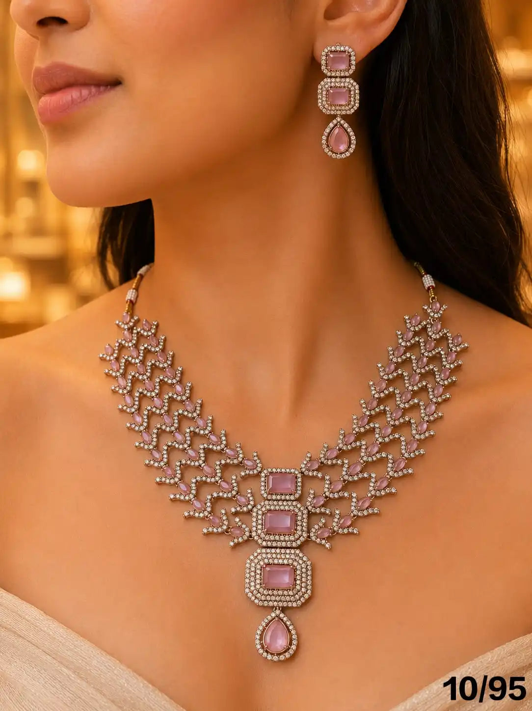 Designer Silver Plated Pastel Pink Green CZ Necklace Set with Earrings Bridal Wedding & Party Wear Fashion Jewelry Set For Women
