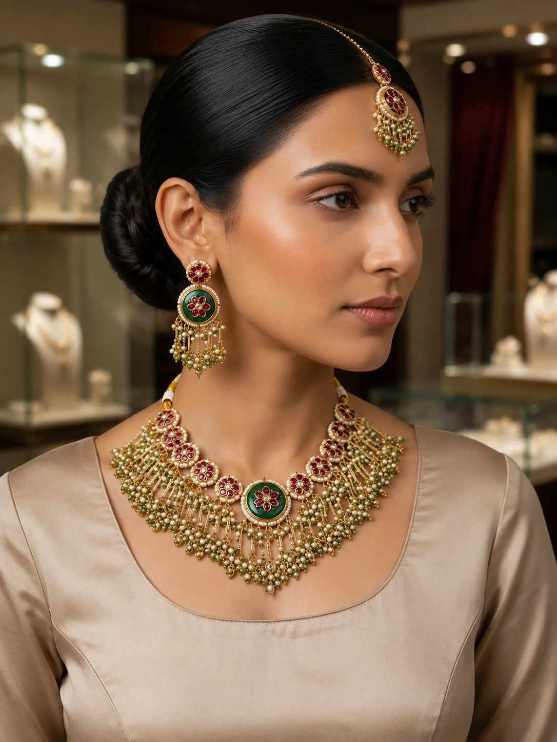 Luxury Green Copper Alloy Zircon Imitation Pearl Bridal Wedding Anniversary Gift Women's Traditional Ethnic Indian Necklace