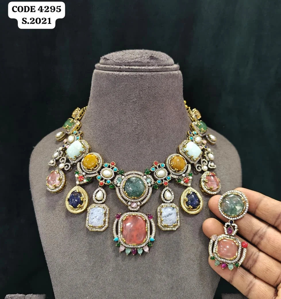 Elegant Multi-Color Gemstone & AD Accented Royal Statement Necklace Set Antique Gold Plated Necklace Bezel Setting Bridal Set