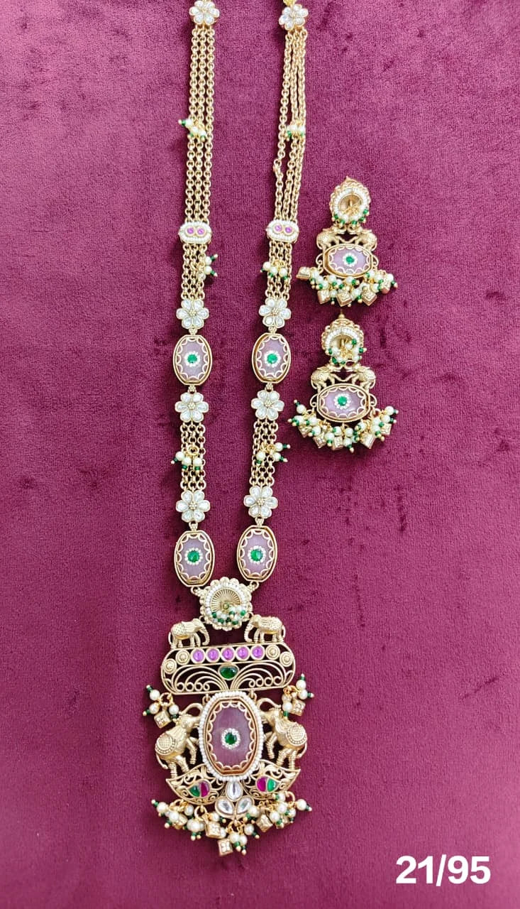 Royal Temple Long Pendant Necklace Set with Matching Earrings Gold Plated Heritage Elephant Bridal Jewelry for Women Set