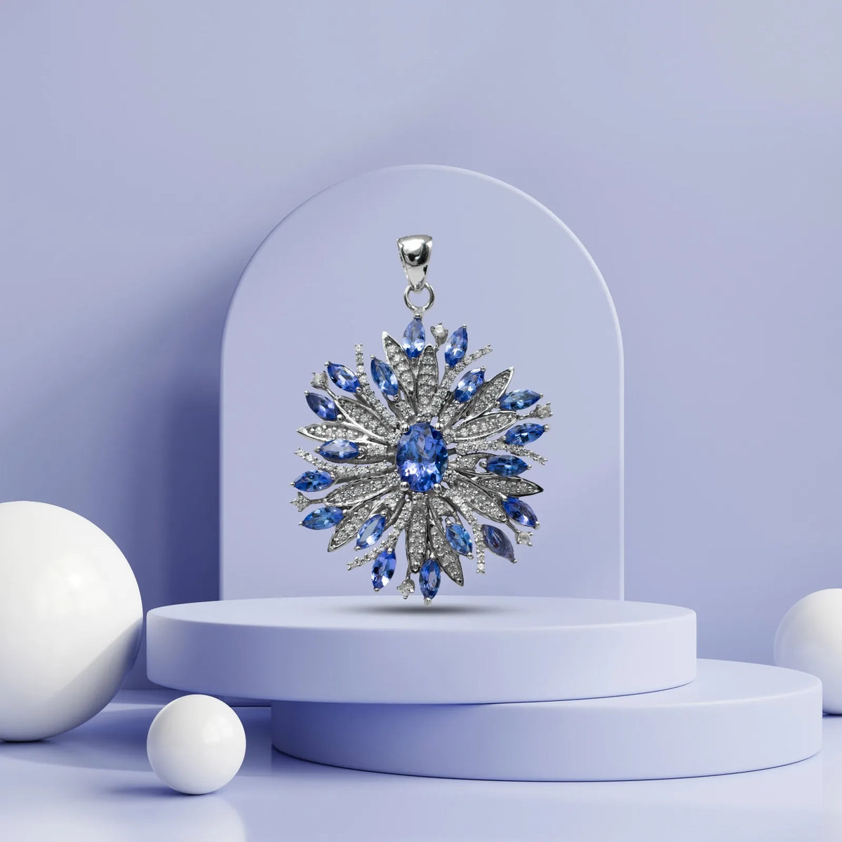 Exquisite 925 Sterling Silver Rhodium Blue Oval Gemstone Statement Pendant with Marquise Stones and Dazzling CZ Details