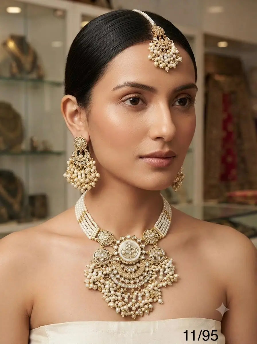 Luxury White Pearl Polki Necklace Set for Women, Premium Bridal Wedding Jewellery Set, Designer Traditional Statement Necklace