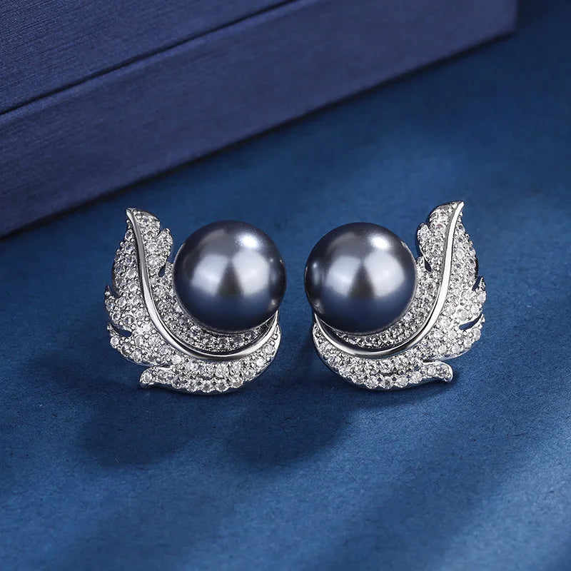 XOTICA High Quality Imitation White Pearl Jewelry Set Feather Design CZ Pendant Necklace Ring Stud Earring Elegant Tahitian Pearl Gifts
