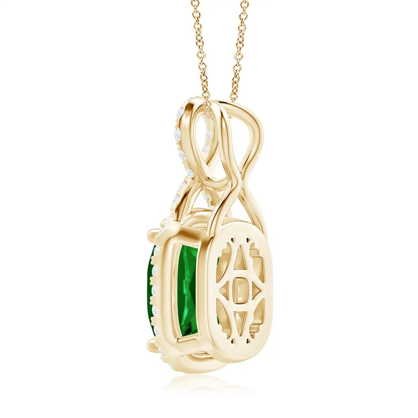 14K Gold IGI Certified 8*6MM 1.25C Rectangular Cushion Cut Natural Green Emerald Infinity Pendant With Pave Set Accented Diamond