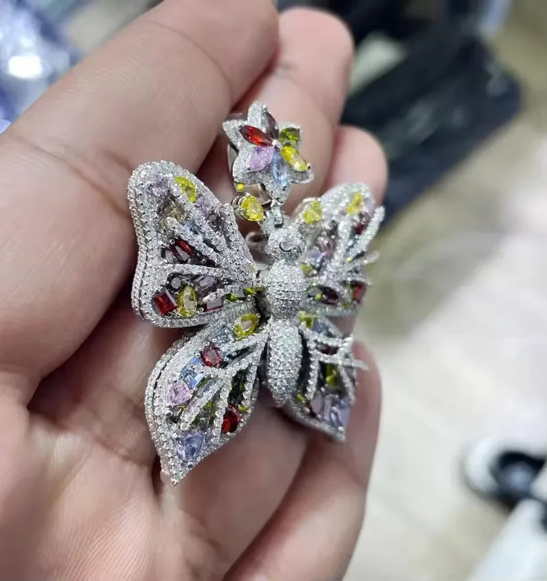 BiG-BOSS Butterfly Pendant for Women Multicolour Moissanite Iced Out Silver Jewellery