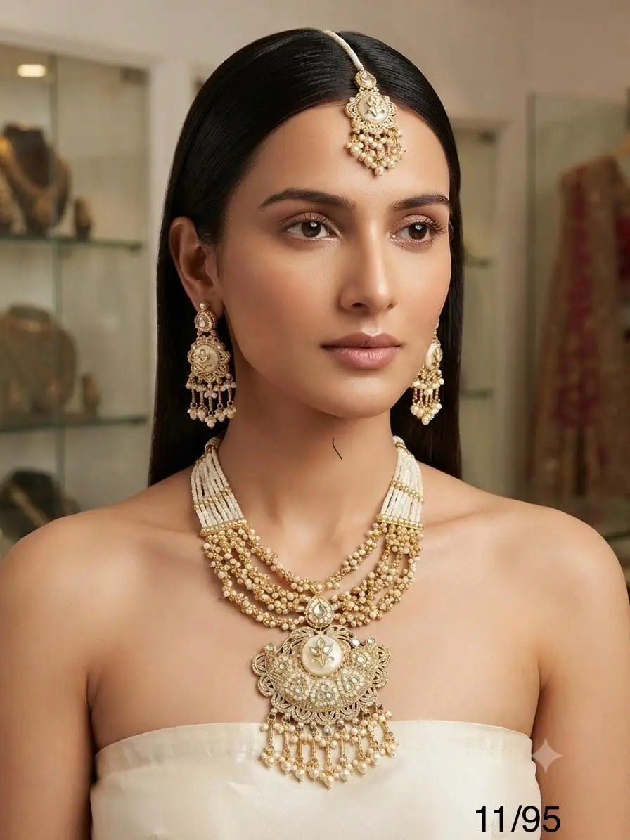 Luxury Kundan Meenakari Bridal Necklace Set with Pearl Beads, Green Stones, Matching Earrings & Maang Tikka Gold Plated Set