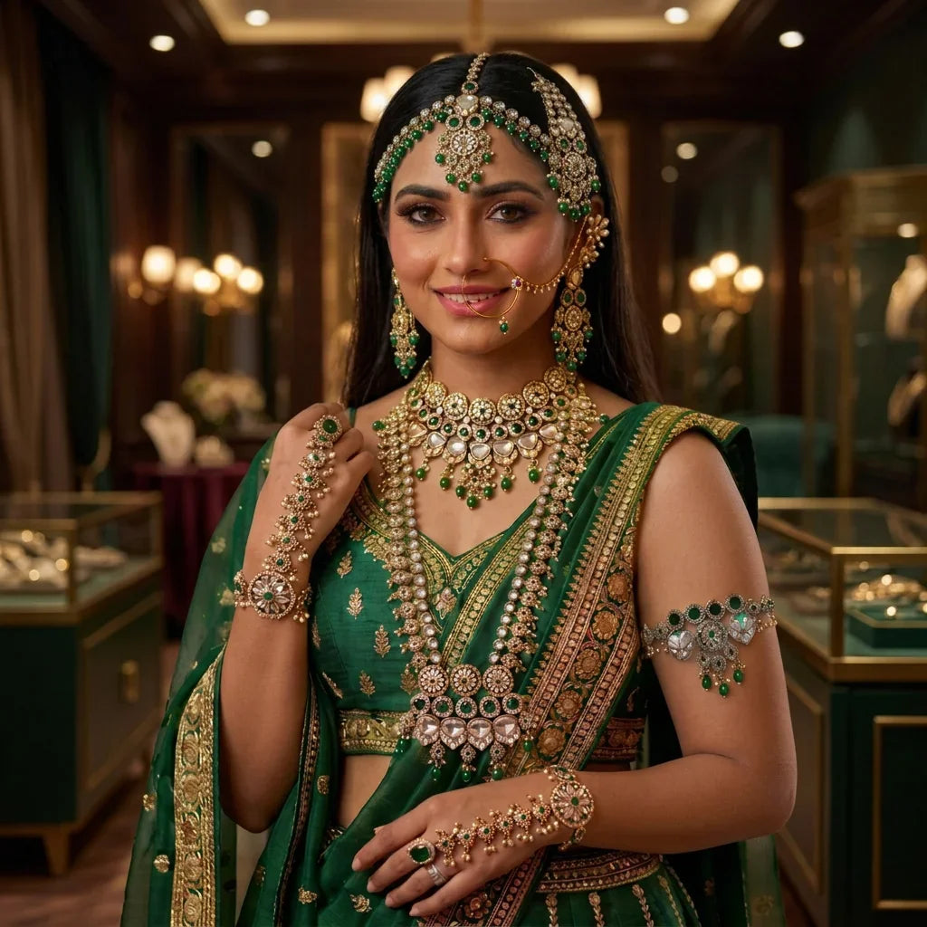Luxury Green Kundan Bridal Jewelry Set for Women Gold Plated Polki Necklace Set with Maang Tikka Wedding Collection Wedding Set