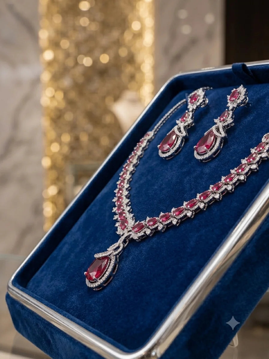 Luxury Silver Plated American Diamond Ruby Red Stone Pendant Necklace Set for Women Designer Wedding Party Wear Jewelry Gift