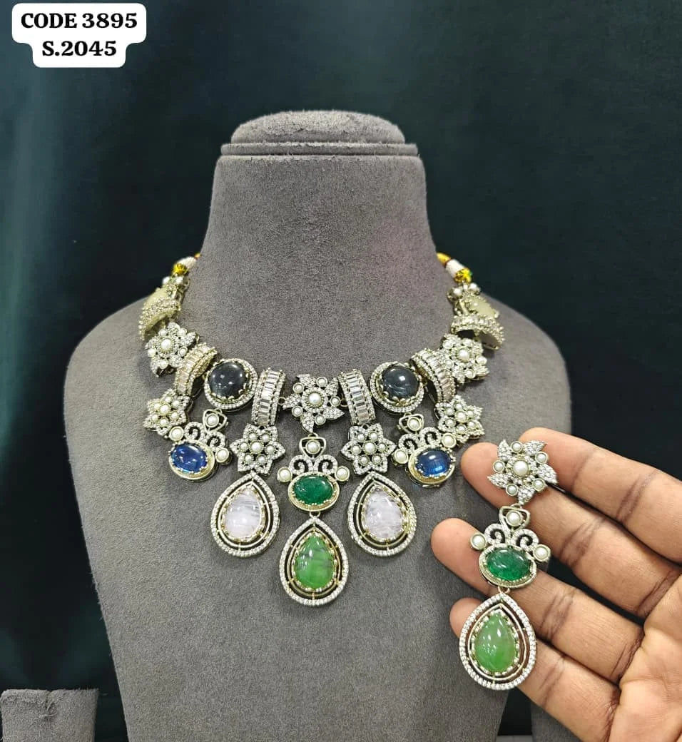 Luxury Antique Silver Finish Victorian Necklace Set with Green White Stones Designer Bridal Wedding Party Jewelry Set