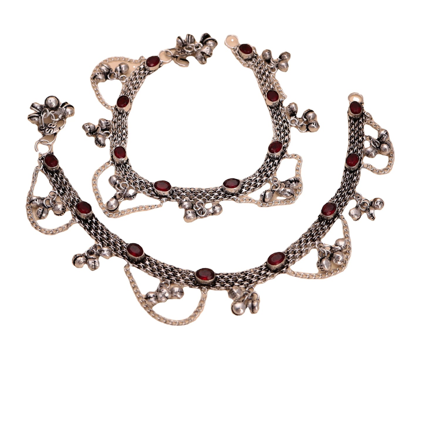MOQ Available Oxidized Silver Payal Anklet Garnet Red Stones Ghungroo Traditional Rajasthani Wedding Gift Wholesale Supplier