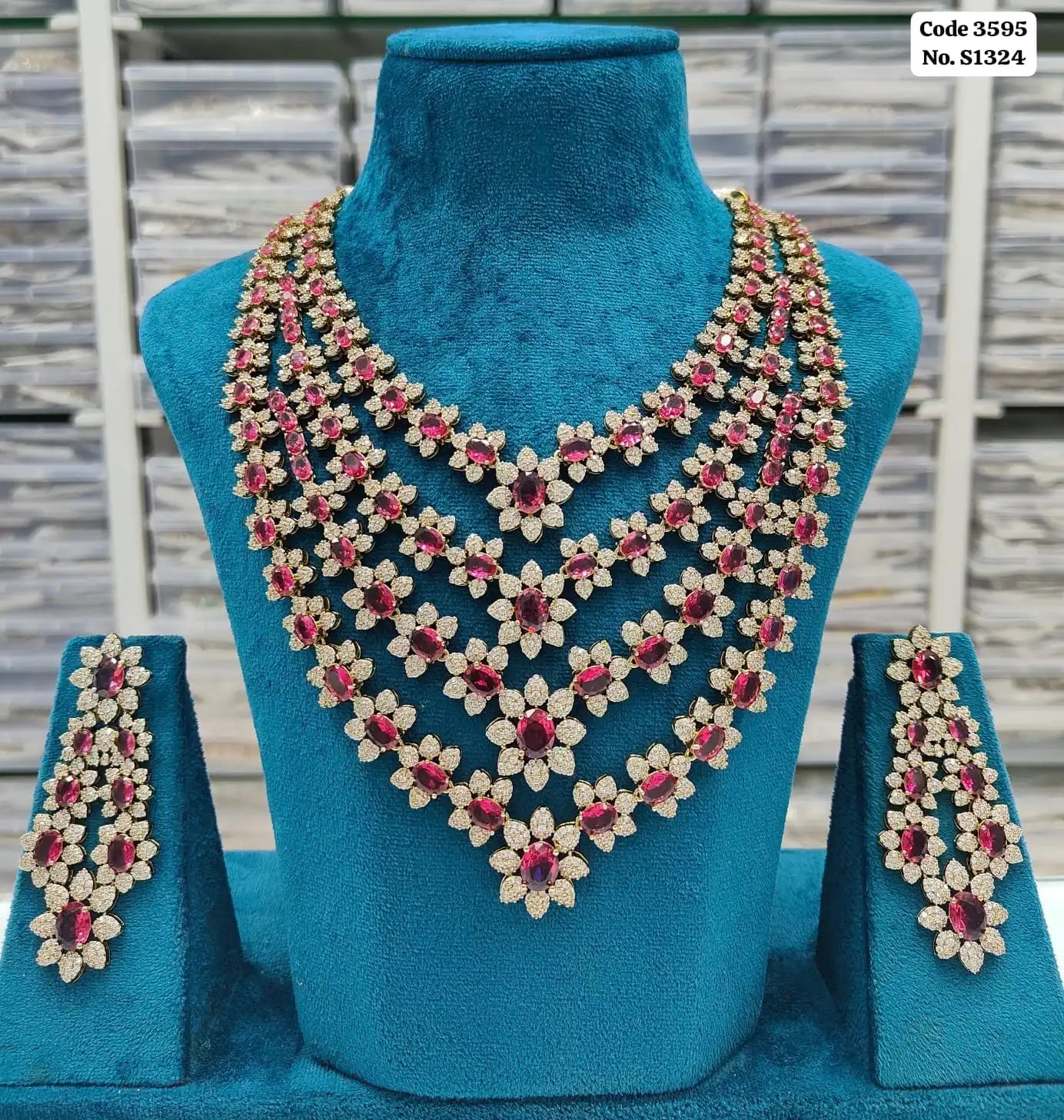 Elegant Emerald Green & AD Accented Multi-Tiered Step Necklace Set with Earrings Set For Women