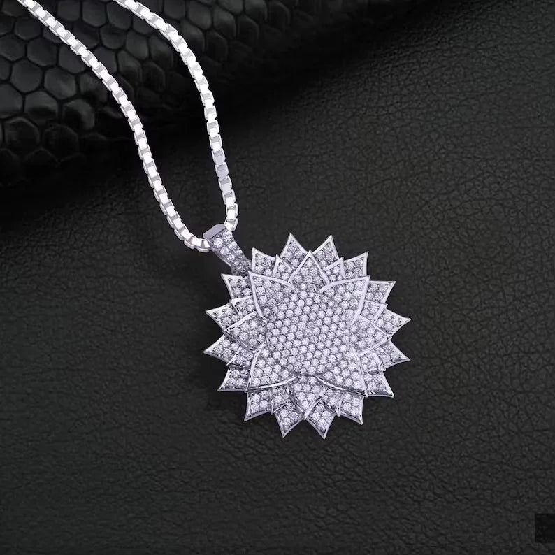 BiG-BOSS Iced Out Flower Pendant Moissanite Bezel Setting Silver Tone Layered Petal Design Luxury Hip Hop Jewelry for Men Women Party