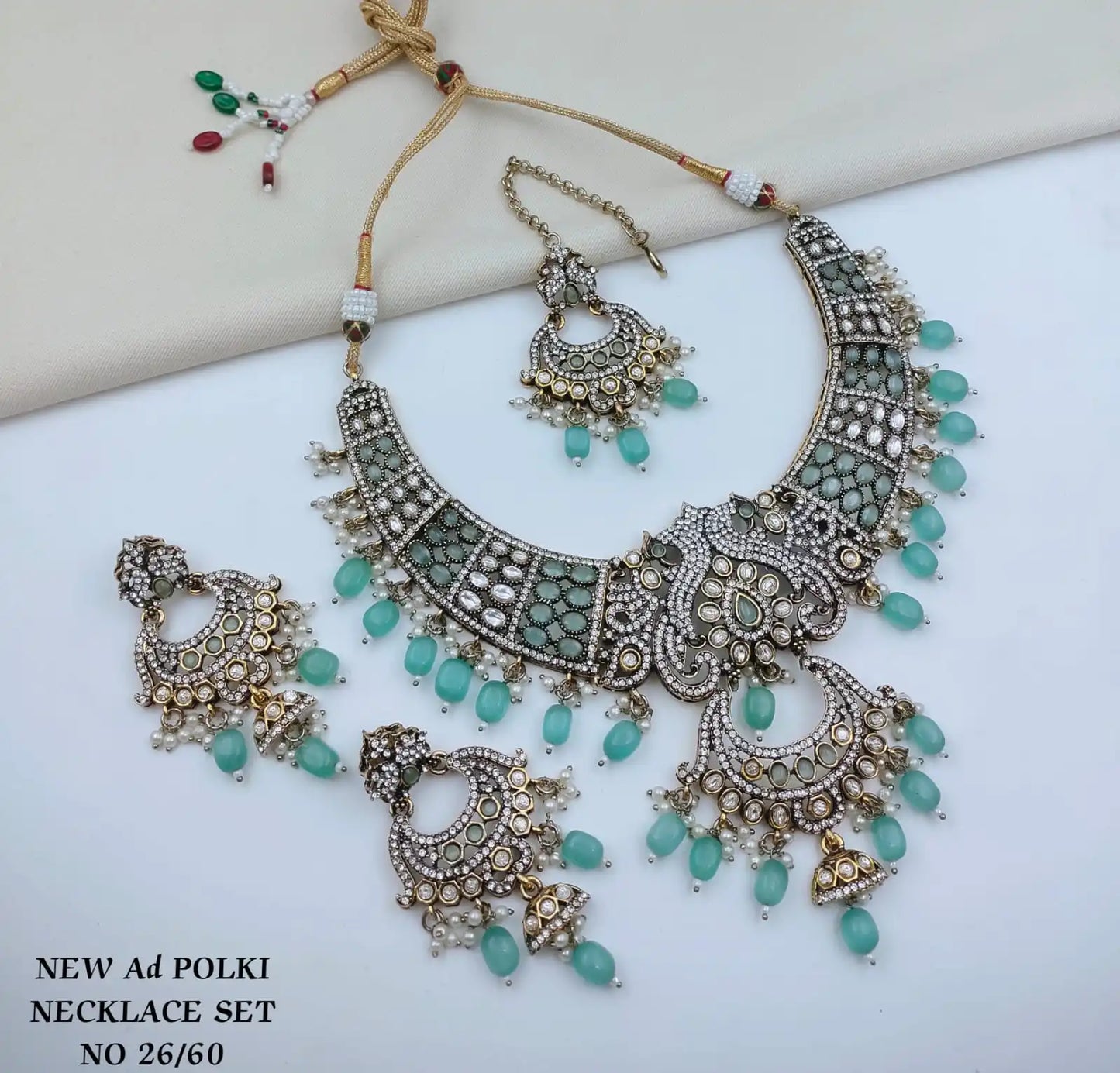 Luxury Royal Blue Bridal Wedding Jewelry Set with Necklace Earrings & Maang Tikka Cubic Zirconia Rhodium Plated