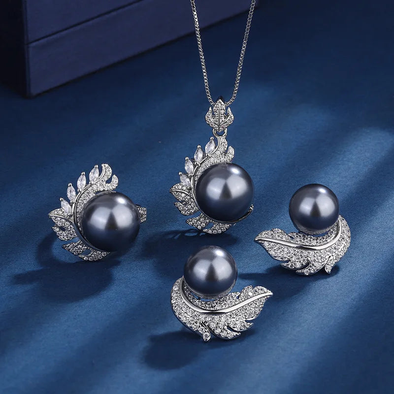 Gemfiori Fashion Brass Vintage Jewelry Set Platinum Plated Fritillaria Pearl Feather Design Grey Pearl for Weddings Necklace Ring Earring