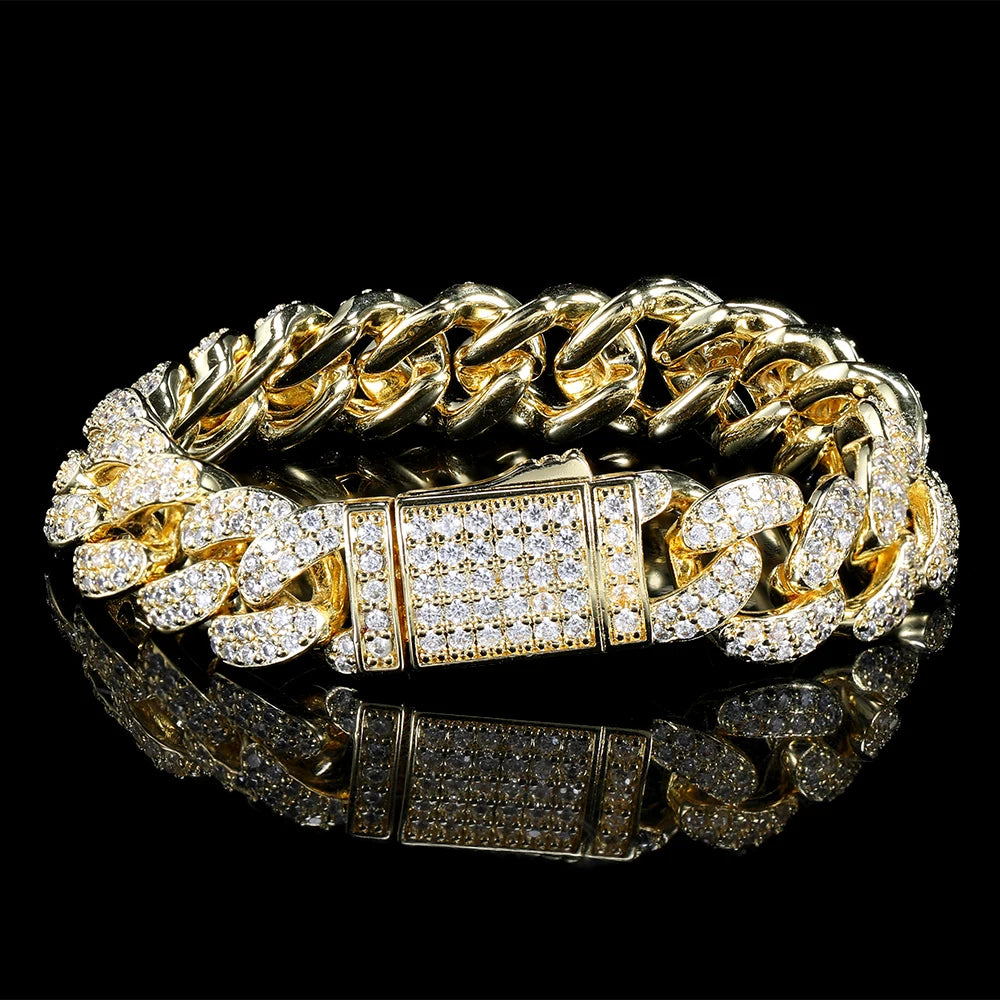 S&S NUOYA 12mm Luxury Hip Hop Gold Iced Out Diamond Cuban Link Chain Bracelet Women Jewelry Cubic Zirconia Silver Bracelets Men