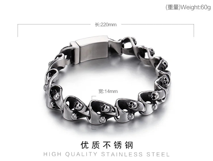 KALEN Spring Clasp Punk Skull Stainless Steel Bracelet Mens