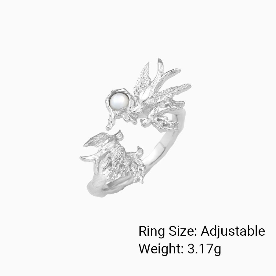 White Shell Bird Animal Motif 925 Sterling Silver Openwork Ring