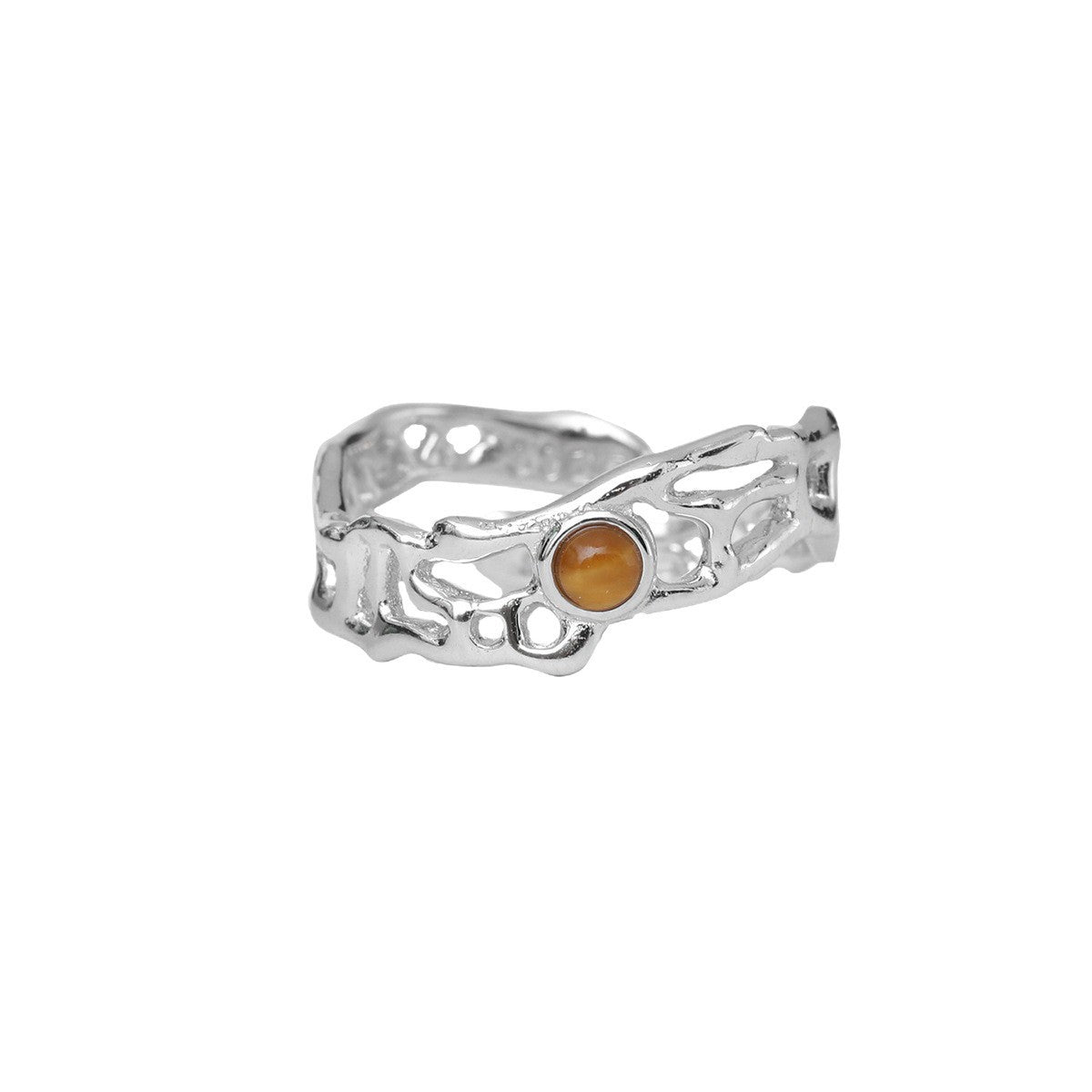 Modern Natural Tiger's Eye Irregular Openwork Pattern 925 Sterling Silver Adjustable Ring