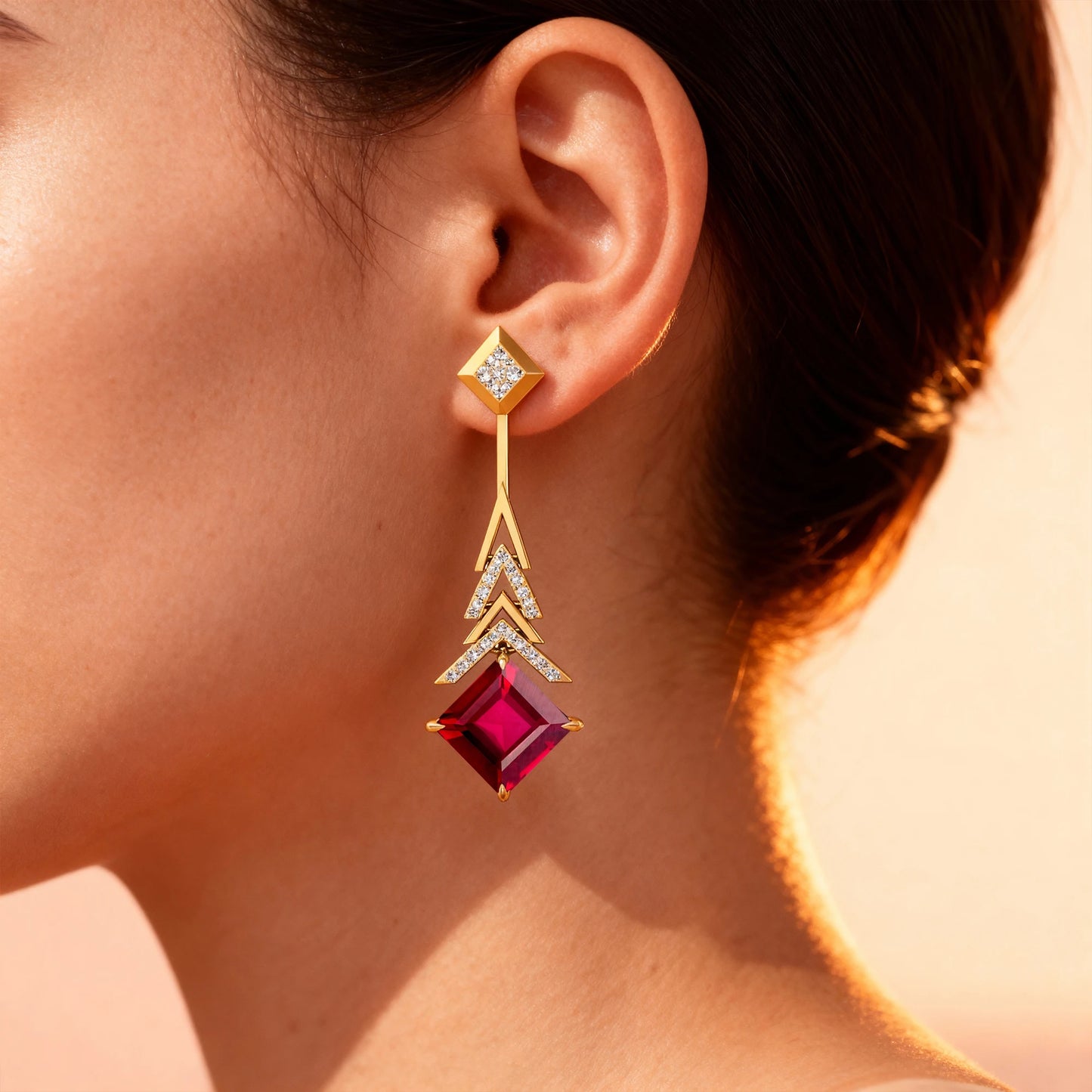 18kt Solid Gold Cute Lab Grown Ruby Gemstone & Real Diamond Dangle Drop Earring for Wedding Party & Gift Direct Factory Supplier