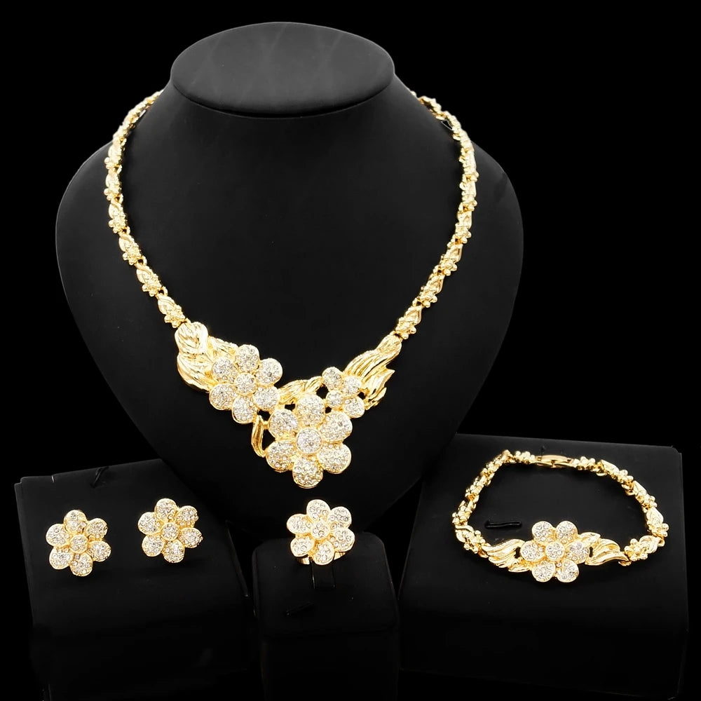 Zhuerrui New Style High Quality Crystal Flower Shape Dating Set Victorian Woman Gift 24K Gold Plated Wedding Jewelry Sets X0118