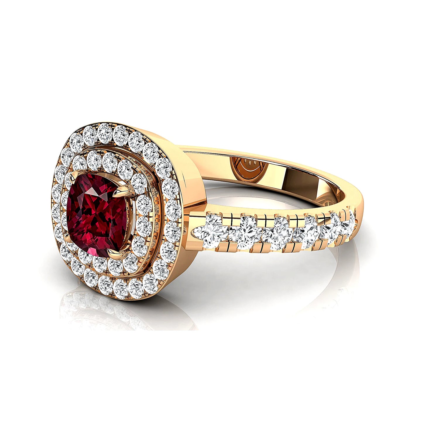 18kt Solid Gold 5mm Cushion Cut Natural Garnet Real Diamonds Rhodium Plated Prong Setting Halo Ring Fine Jewelry OEM Wholesale