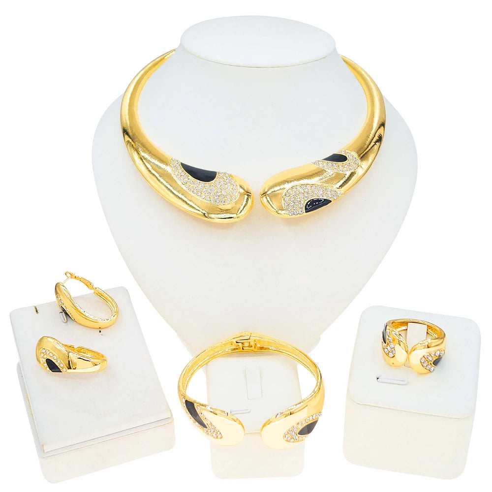 Zhuerrui Dubai Gold Plated Jewelry Set Curved Black Onyx Crystal Necklace Earrings Bracelet Ring Evening Accessory I0002520