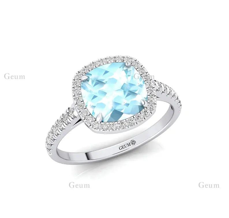 14k Solid Gold Cushion Cut Aquamarine March Birthstone Wedding Bridal Party Fashion Ring for Women Classic Fine Jewelry