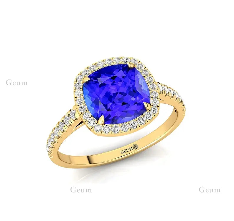 Solid Gold Classic Natural Tanzanite & Real Diamond Birthstone Anniversary Wedding Engagement Ring Gift for Mother Party