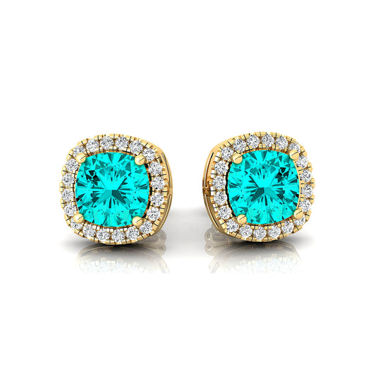 Cute Lab Paraiba Tourmaline Gemstone Solitaire Ear Studs in 18k Gold Real Diamonds Fine Bridal Gift Jewelry