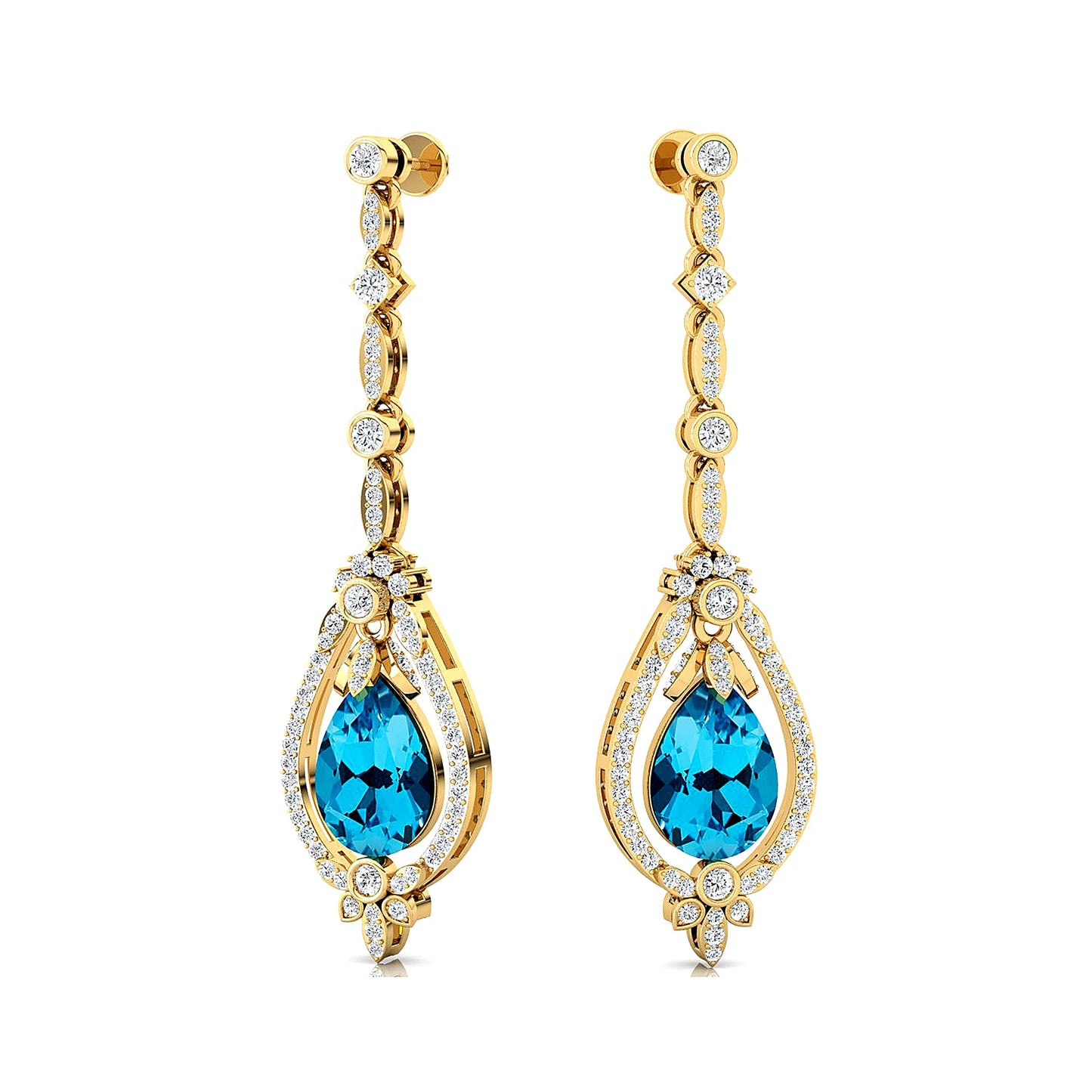 18k Solid Gold Earrings Natural Swiss Blue Topaz Real Diamonds Tear Drop Shape Dangle Halo Earrings Wedding Party Gift For Her