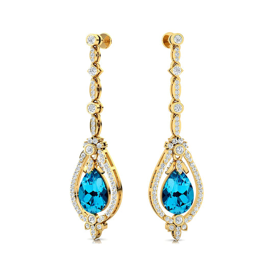 18k Solid Gold Earrings Natural Swiss Blue Topaz Real Diamonds Tear Drop Shape Dangle Halo Earrings Wedding Party Gift For Her