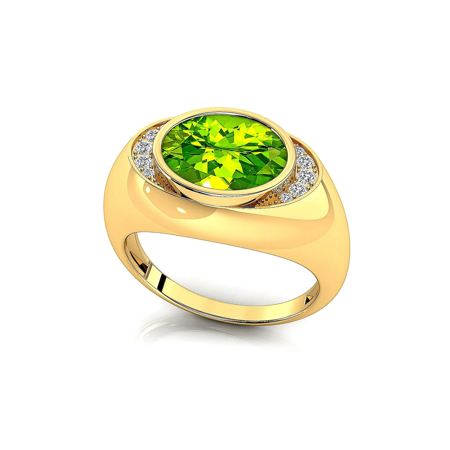 18k Solid Gold Signet Rings Natural Peridot Gemstone Bezel Setting Rhodium Plated Ring With Natural Diamonds Rings Gift For Wife