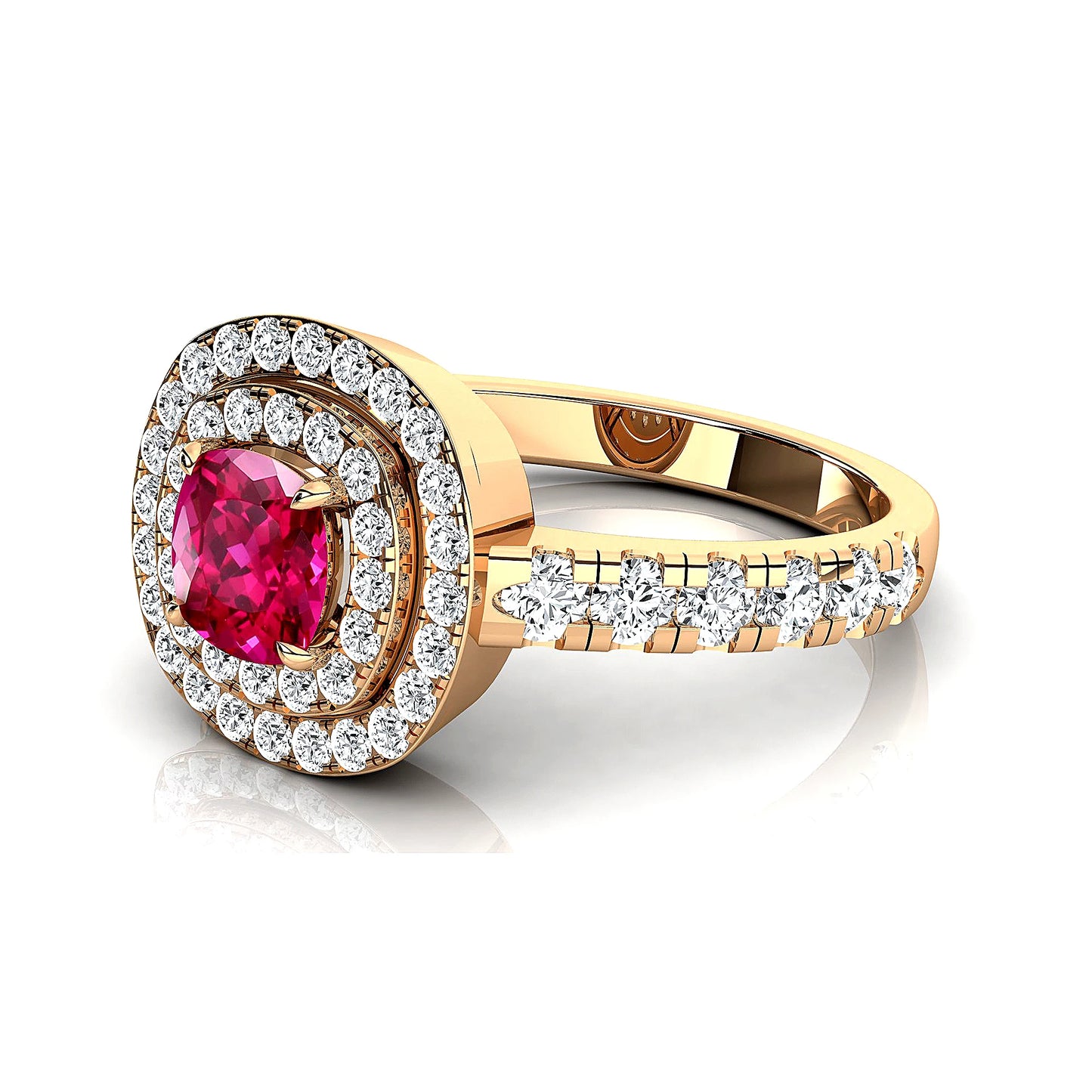 18k Solid Gold Lab Grown Pink Sapphire Gemstone and Real Diamonds Cushion Cut Rhodium Plated Double Halo Solitaire Ring For Gift