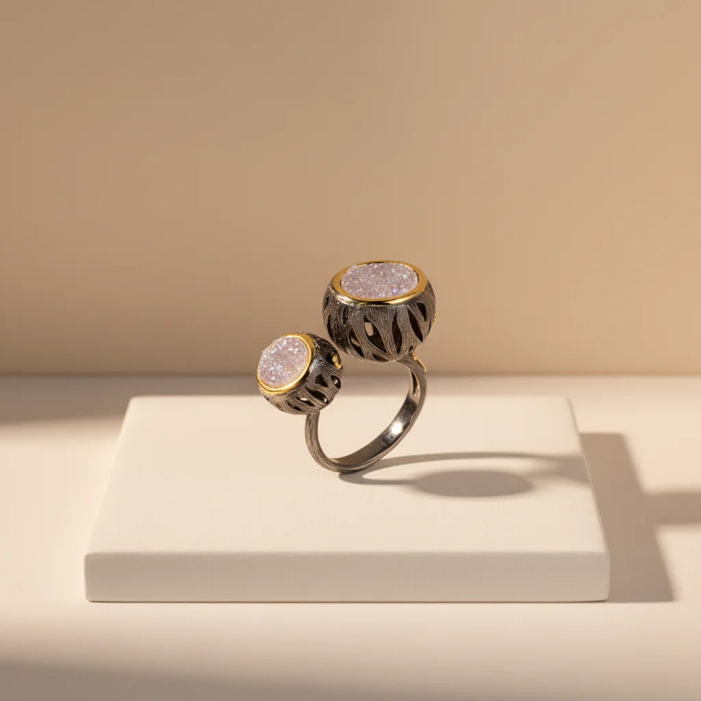 Special Drum Design Handmade 925 Sterling Silver Ring With Sand Quartz