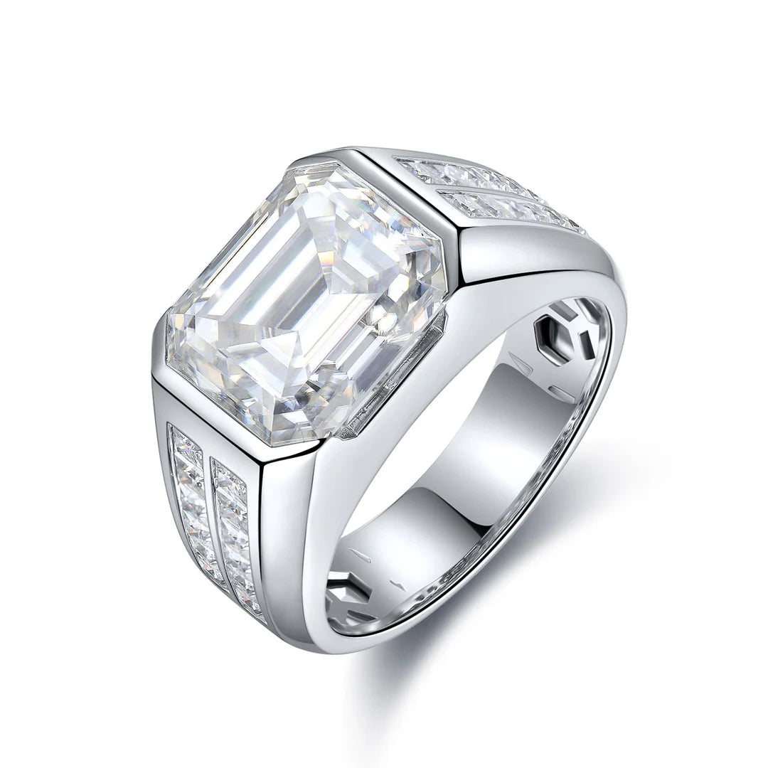 Gemfiori Anster Moissanite Diamonds and Ring S925 Sterling Silver Emerald Cut White Moissanite Men Ring