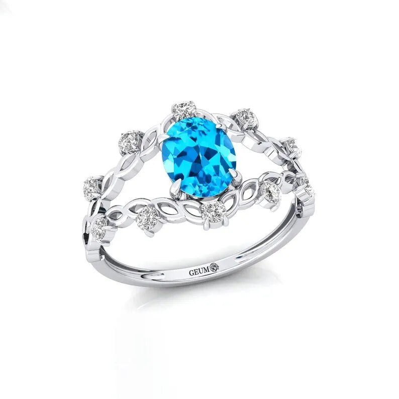 14Kt Solid Gold Classic for Swiss Blue Topaz Gemstone Rings Real Diamonds Women's Engagement Wedding OEM Jewelry Valentine's Day
